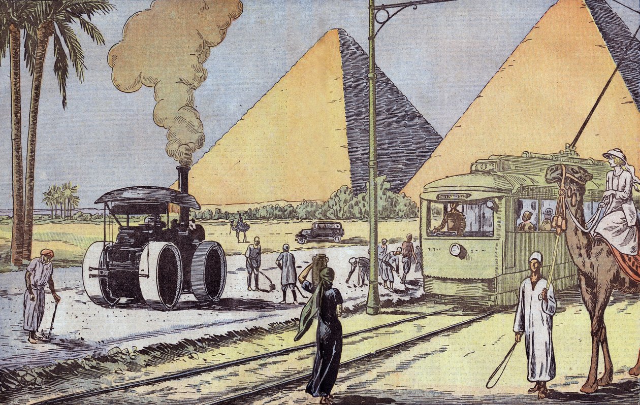 Näkymä Gizan pyramideista Egyptissä, Eugene Damblansin kuvitus ranskalaisesta "Le Pelerin" -lehdestä 1. tammikuuta tekijältä Eugene Damblans