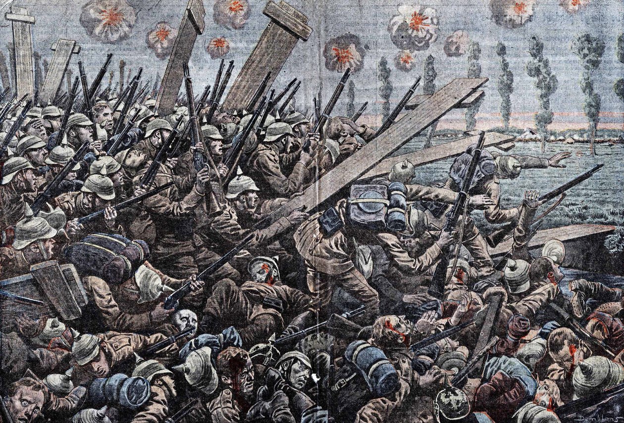 Sota 1914-1918. Belgian rintama 1914. Saksalaiset sotilaat Yserillä. Piirustus Damblans. tekijältä Eugene Damblans