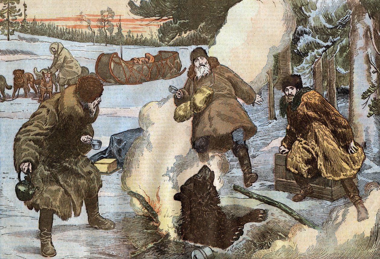 lähetyssaarnaajat valmistavat teetä, kun karhu ilmestyi yhtäkkiä jäästä, Damblansin kuvitus ranskalaisesta "Le Pelerin" -lehdestä 23. elokuuta tekijältä Eugene Damblans