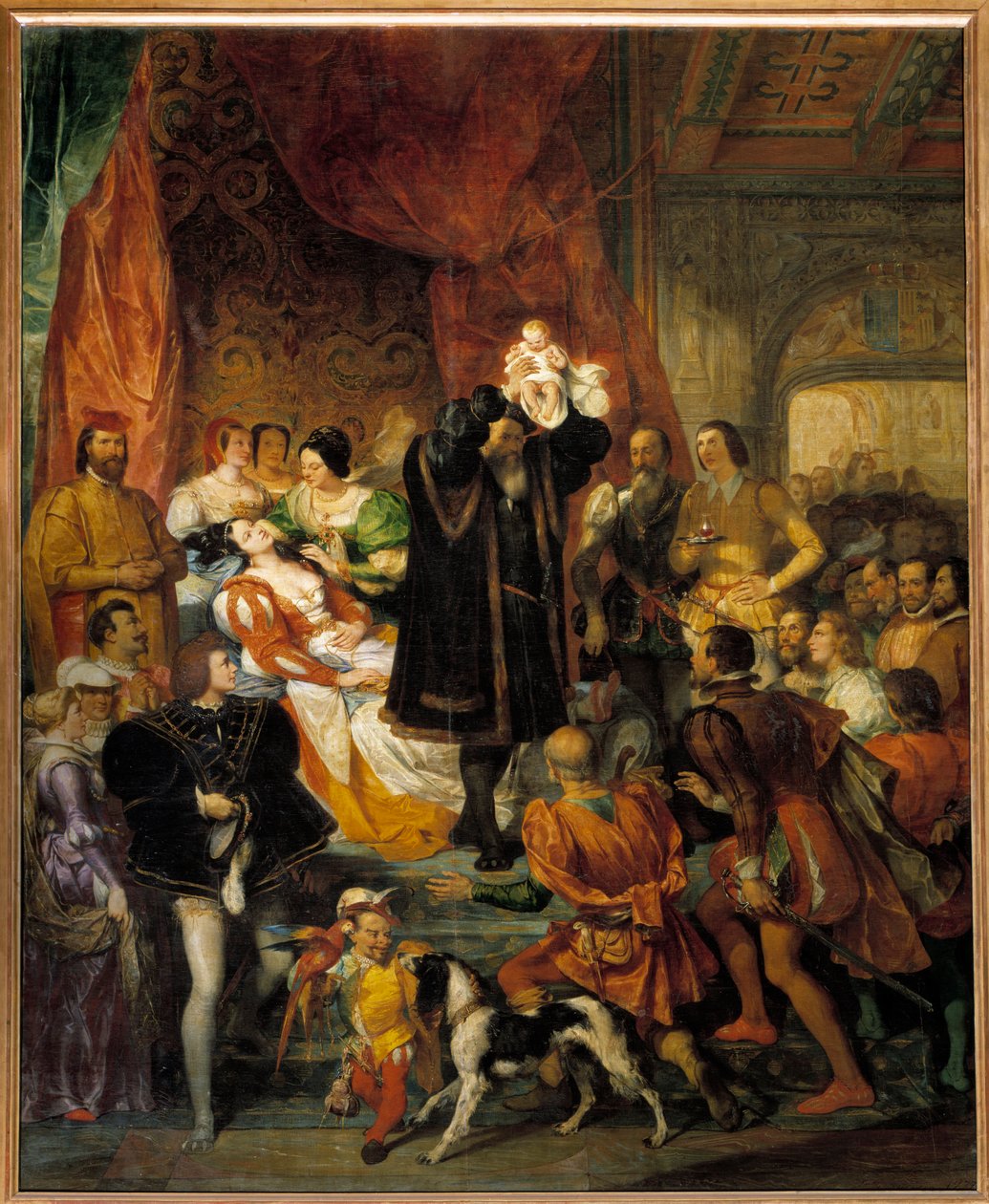 Kuningas Henrik IV syntyi 13.12.1553 Chateau de Paussa. Jeanne III, joka tunnetaan nimellä Jeanne d"Albret, synnyttää tulevan kuninkaan isänsä Antoine de Bourbonin vierailijat. tekijältä Eugene Deveria