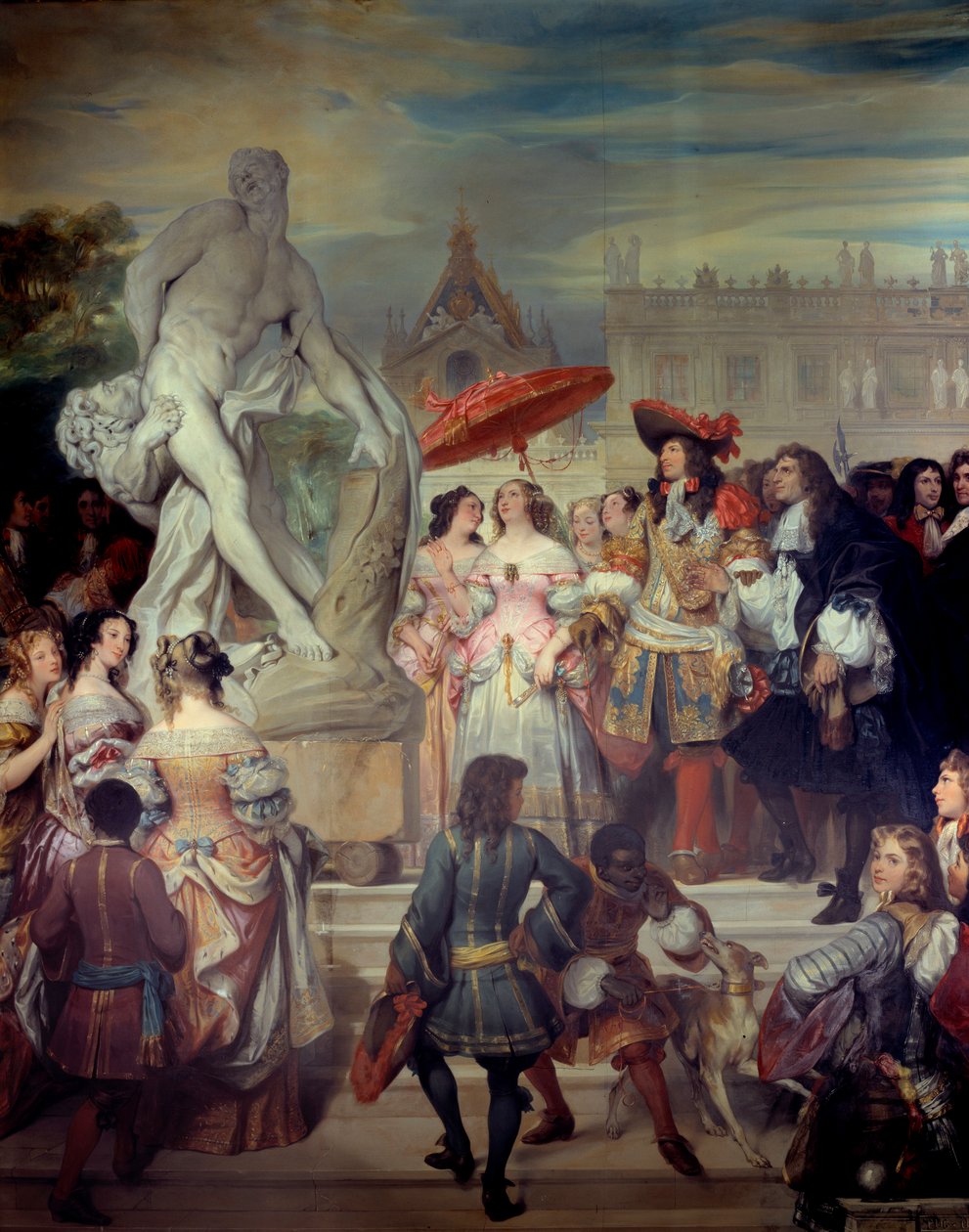 Pierre Puget (1620-1694) esittelee Milon of Crotone -patsaansa Ludvig XIV:lle (1638-1715) Versaillesin linnan puutarhassa. Eugene Deverian (1808-1865) maalaus tekijältä Eugene Deveria