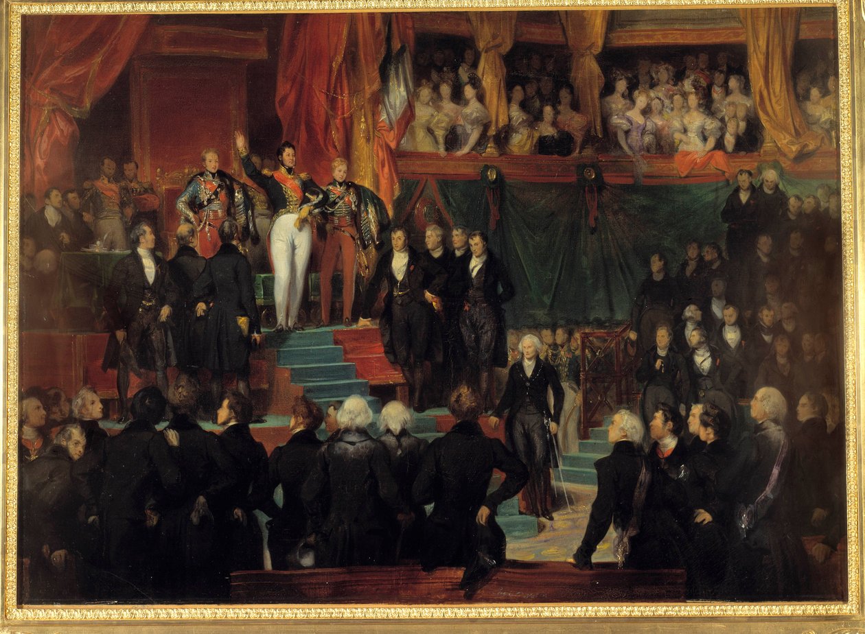 Vuoden 1830 vallankumous: "" Kuningas Ludvig Philippe I (1773-1850) vannoi pitävänsä voimassa vuoden 1830 peruskirjan palais Bourbonin väliaikaiseen saliin 9. elokuuta kokoontuneiden kammioiden läsnä ollessa. tekijältä Eugene Deveria