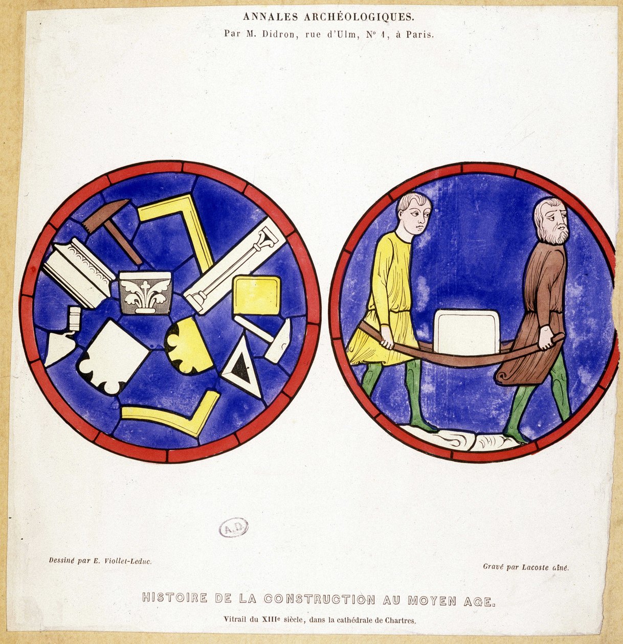 Keskiajan rakentamisen historia: 1200-luvun lasimaalausten fac-vertailu, Cathedrale de Chartres -piirros Eugene Viollet-le-Duc (Viollet le Duc) (1814-1879), jossa on useita makonisia symboleja. tekijältä Eugene Emmanuel (after) Viollet le Duc