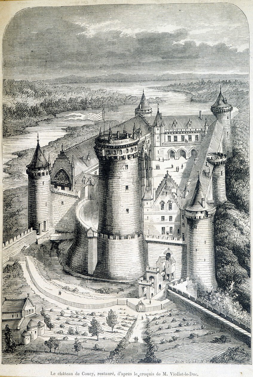 Le chateau de Coucy, restauroitu - kaiverrus luonnoksesta//kirjoittaja Eugene Viollet-le-Duc (Viollet le Duc) (1814-1879) - "" Le Monde illustrious""" 8.5.1858. tekijältä Eugene Emmanuel (after) Viollet le Duc