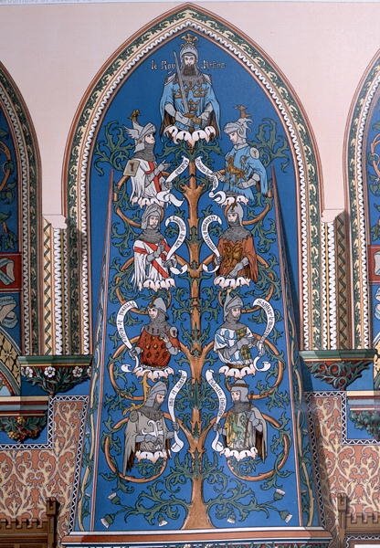 "Kuningas Arthur ja pyöreän pöydän ritarit", freskosuunnittelu Chateau de Pierrefondsiin (värilitho) tekijältä Eugene Emmanuel Viollet le Duc