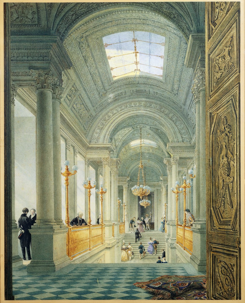 Pariisi. Tuileriesin palatsin suuret portaat, Eugene Viollet Le Duc, noin 1840, akvarellimaalaus tekijältä Eugene Emmanuel Viollet le Duc