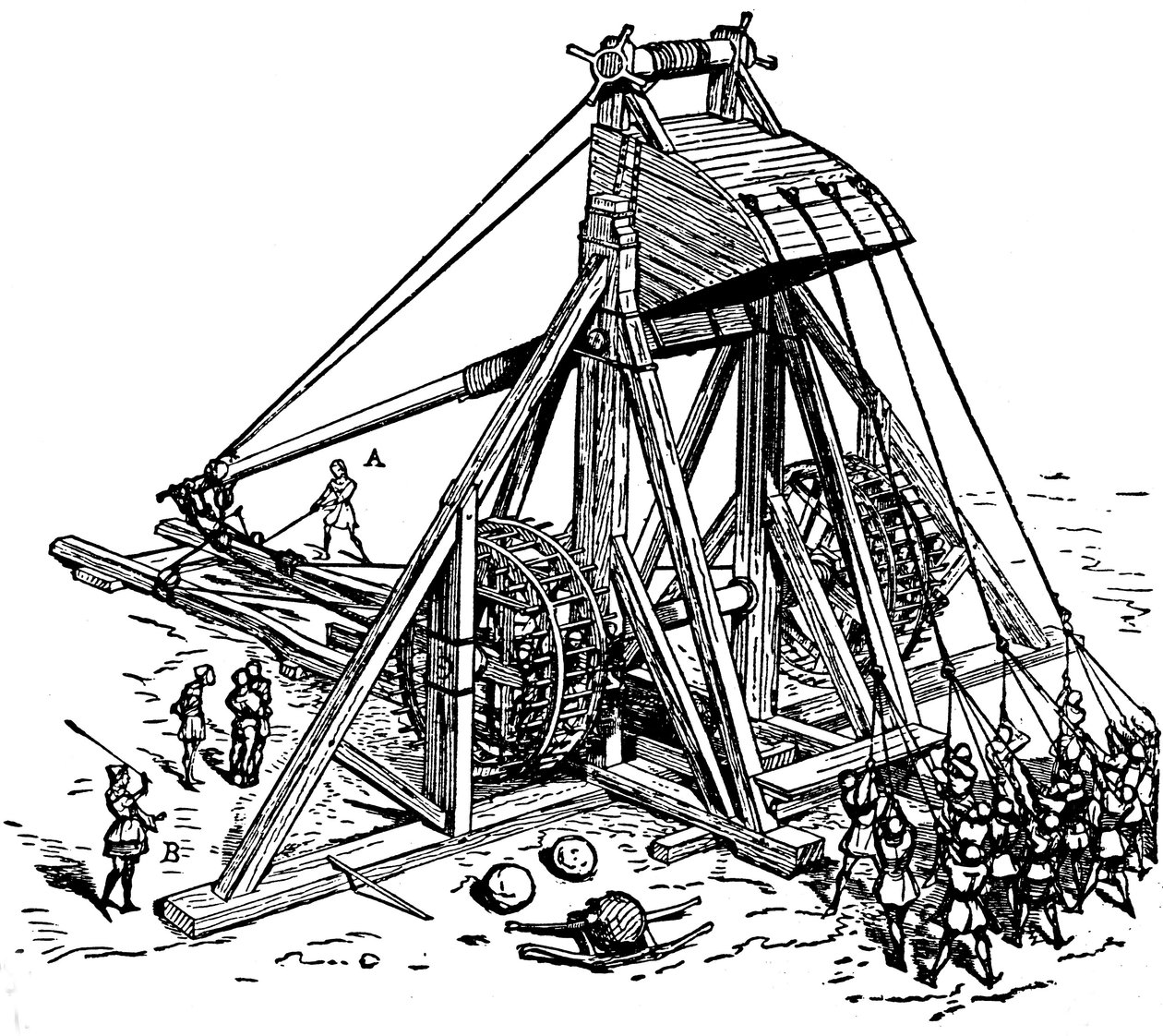 Valtavan katapultin (vastapainon trebuchet-tyyppinen), nimeltään mangonneau, uudelleenmuodostus tekijältä Eugene Emmanuel Viollet le Duc