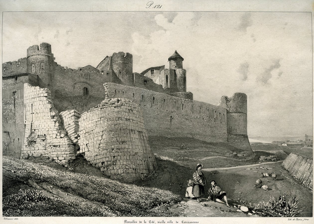 Carcassonne, kaupunginmuuri, pahasti vaurioitunut tekijältä Eugene Emmanuel Viollet le Duc