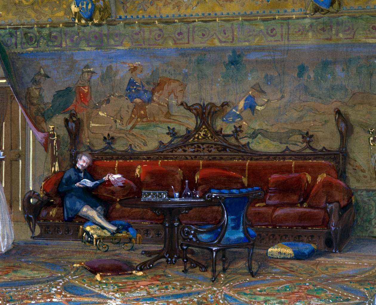 Goottilaistyylisen hallin suunnittelu Chateau de Pierrefondsille keisarin ja keisarinnan kanssa tekijältä Eugene Emmanuel Viollet le Duc