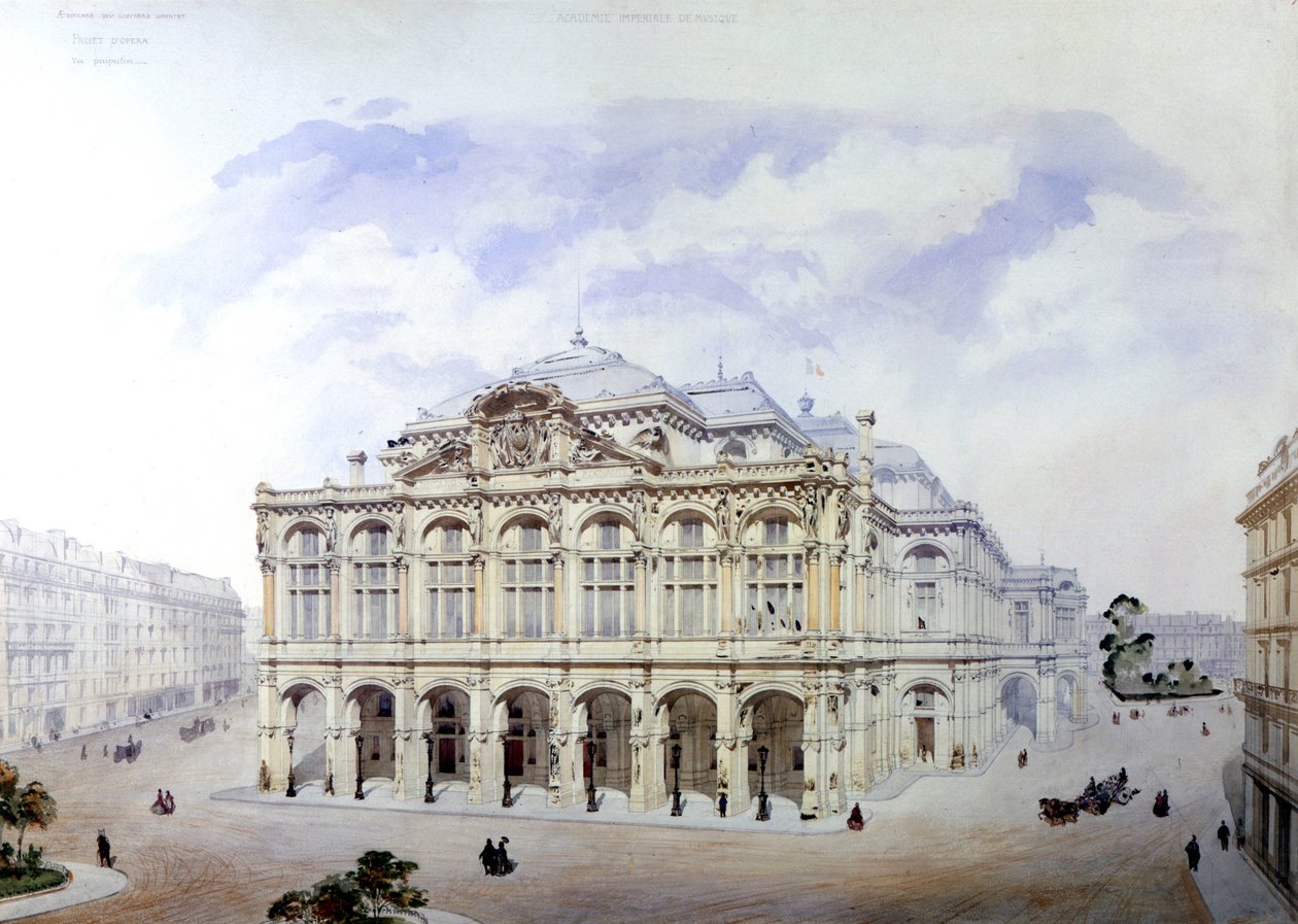 Opera Garnier Pariisissa vuonna 1850, kirjoittanut Eugene Viollet-le-Duc (Viollet le Duc) (1814-1879) tekijältä Eugene Emmanuel Viollet le Duc