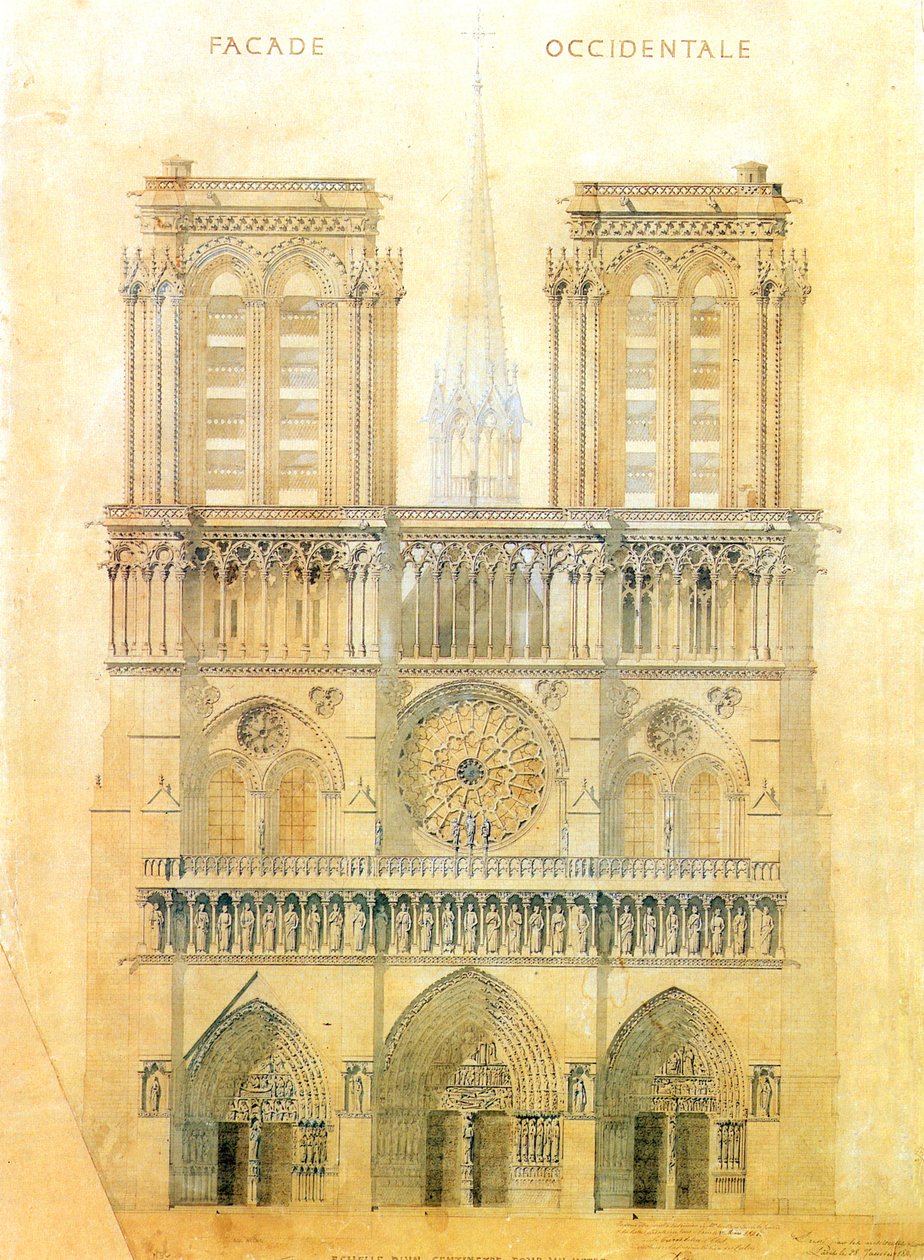 Pariisin Notre Damen katedraalin länsijulkisivun kunnostusprojekti risteyksen tornin jälleenrakennuksesta, 1843 tekijältä Eugene Emmanuel Viollet le Duc