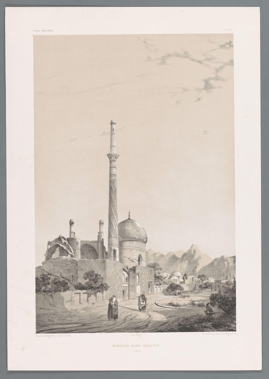 Baba Sukhten moskeija Bagh-e-Ghoushkhanen minareetin kanssa Isfahanissa Moskeija Baba-Souctah Ispahan (otsikko esineessä) Persialaiset maisemat (sarjan nimi) Perse modern (sarjan nimi) tekijältä Eugene Flandin