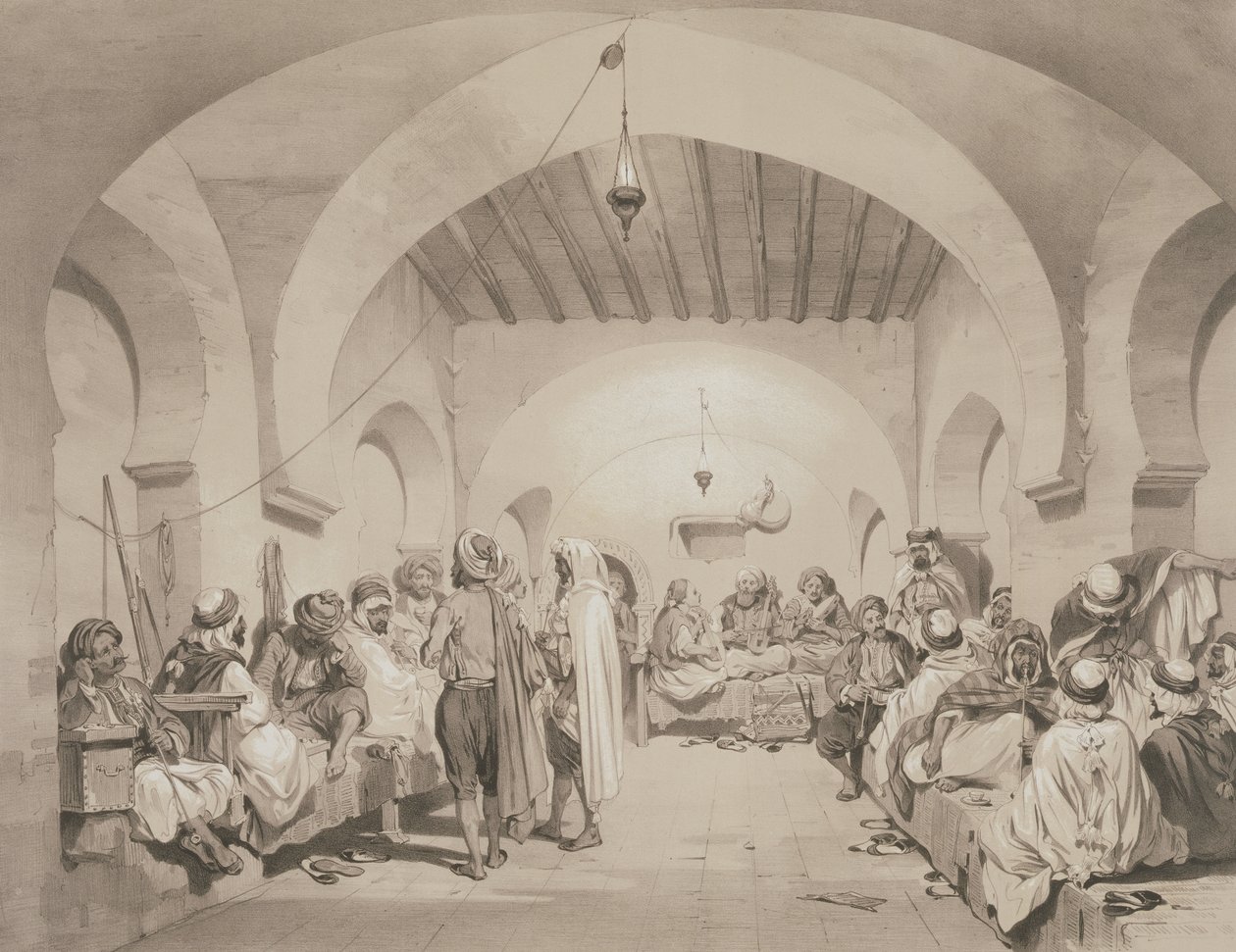 Cafe du Divan, Alger, teoksesta, jossa muistetaan Ranskan retkikuntajoukkoja, jotka valloittivat Algerin vuonna 1830. Kaiverrus Adolphe Jean-Baptiste Bayot (1810-66) tekijältä Eugene Flandin