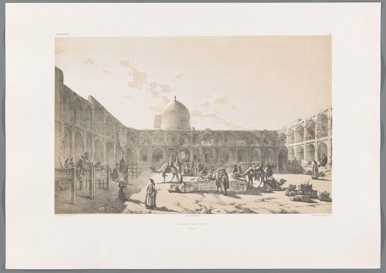 Caravanserai-i-Shah Qazvinissa Caravân-Serail-I-Châh (Casbin) (otsikko esineessä) Persialaiset maisemat (sarjan nimi) Perse modern (sarjan nimi) tekijältä Eugene Flandin
