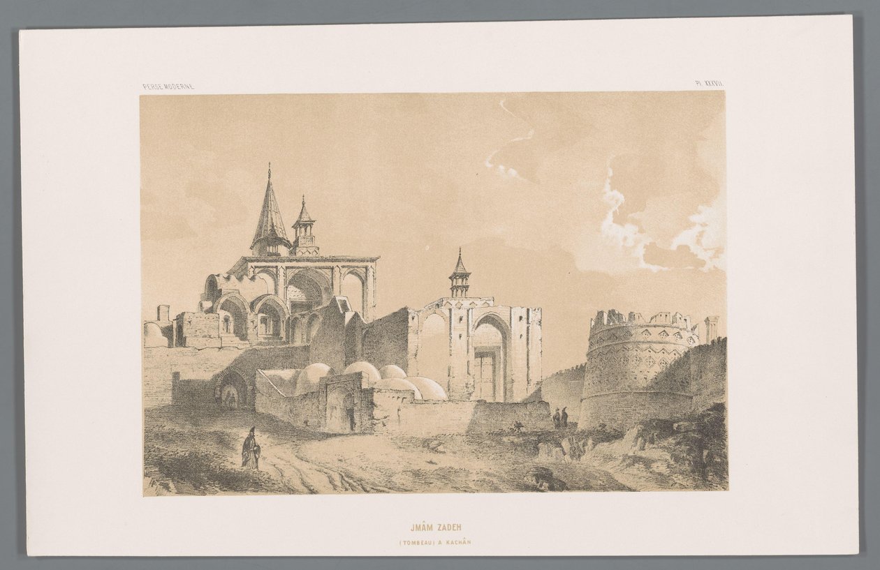Imamzadehin hauta Kashanissa Imâm zadeh (tombeau a Kachân) (otsikko esineessä) Persialaiset maisemat (sarjan nimi) Perse modern (sarjan nimi) tekijältä Eugene Flandin