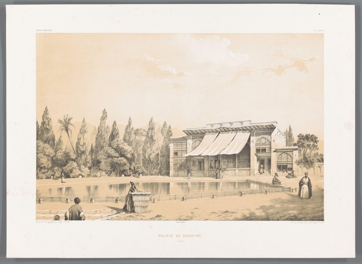 Nou Baghin palatsi Shirazissa Palais de Bagh-Nô (otsikko esineessä) Persialaiset maisemat (sarjan nimi) Perse modern (sarjan nimi) tekijältä Eugene Flandin