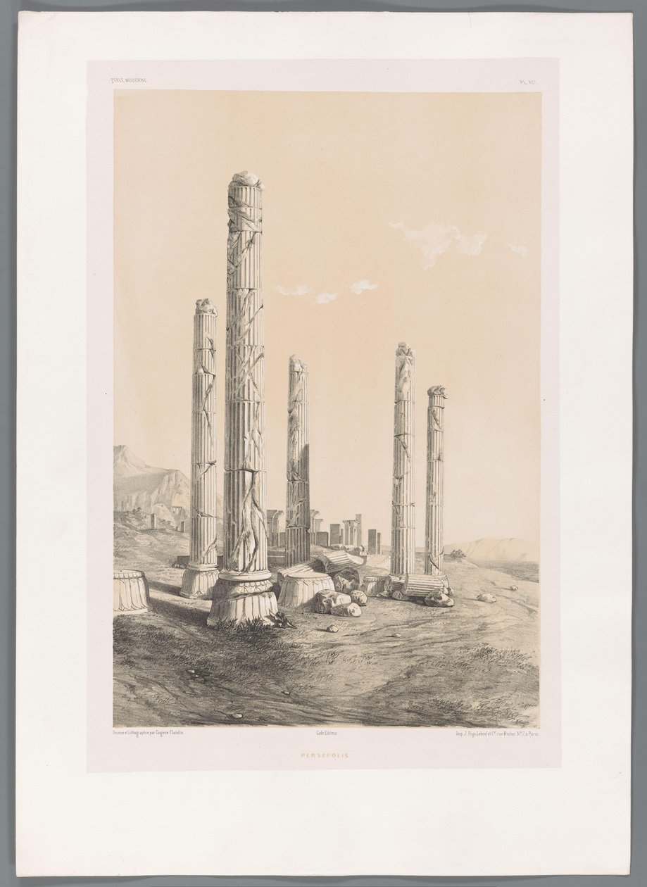 Persepoliksen rauniot Persepolis (otsikko esineessä) Persialaiset maisemat (sarjan nimi) Perse modern (sarjan nimi) tekijältä Eugene Flandin