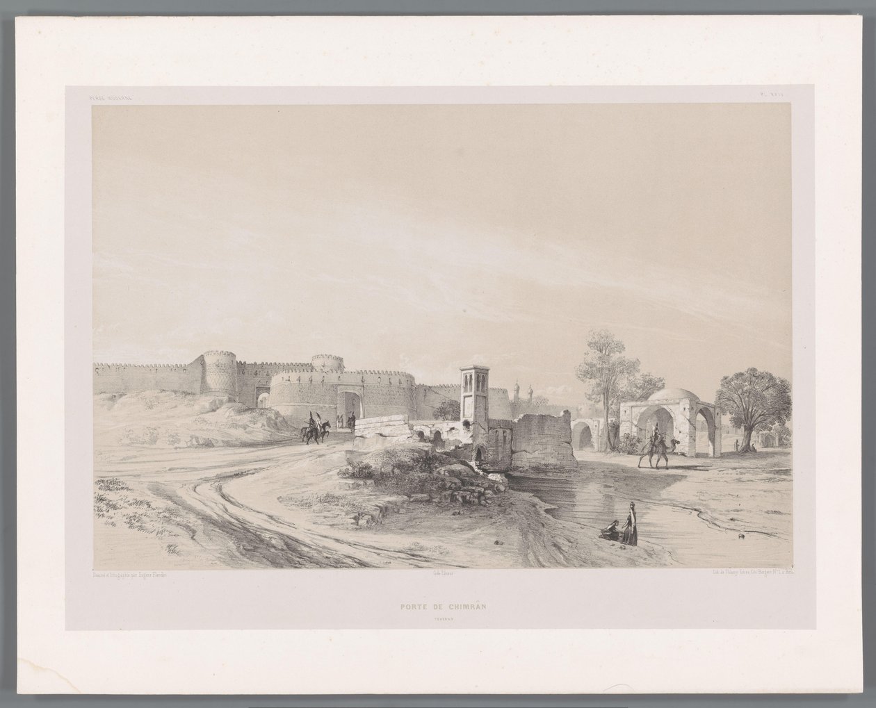Shemranin portti Teheranissa Porte de Chimran Tehran (otsikko esineessä) Persialaiset maisemat (sarjan nimi) Perse modern (sarjan nimi) tekijältä Eugene Flandin