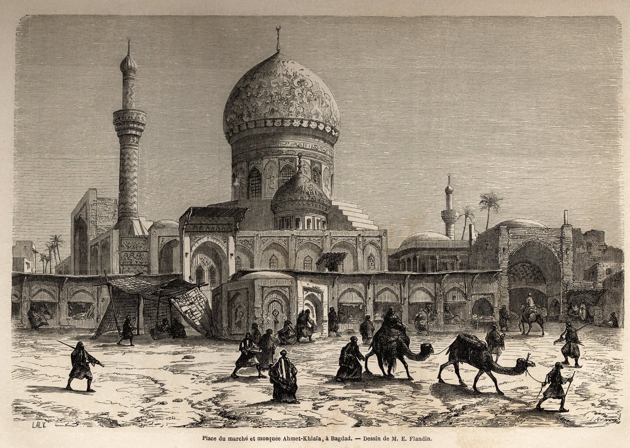 Marchen aukio ja Ahmet Khiaia -moskeija Bagdadissa, Eugene Flandinin (1809-1876) piirustukset havainnollistamaan hänen matkaansa Mesopotamiaan vuosina 1840-1842. Kaiverrus ”” Le tour du monde”” 1861. Selvan kokoelma. tekijältä Eugene Flandin