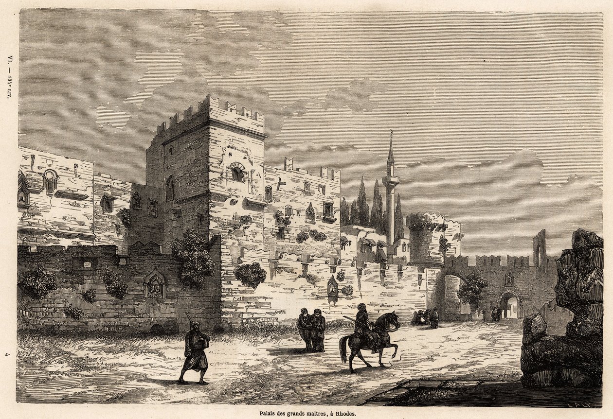 Suurten mestareiden palatsi Rodoksella, piirros Eugene Flandin havainnollistamaan hänen matkaansa Rodoksen saarelle vuonna 1844. Kaiverrus kirjaan "" Le tour du monde", toimittanut Edouard Charton tekijältä Eugene Flandin