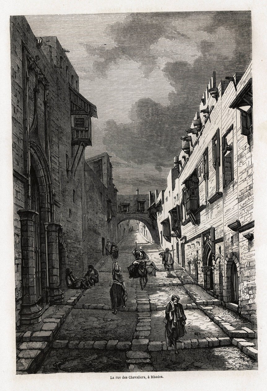 Rue des chevaliers Rodoksella, Eugene Flandinin piirros havainnollistamaan hänen matkaansa Rodoksen saarelle vuonna 1844. Kaiverrus kirjaan "" Le tour du monde", toimittanut Edouard Charton tekijältä Eugene Flandin