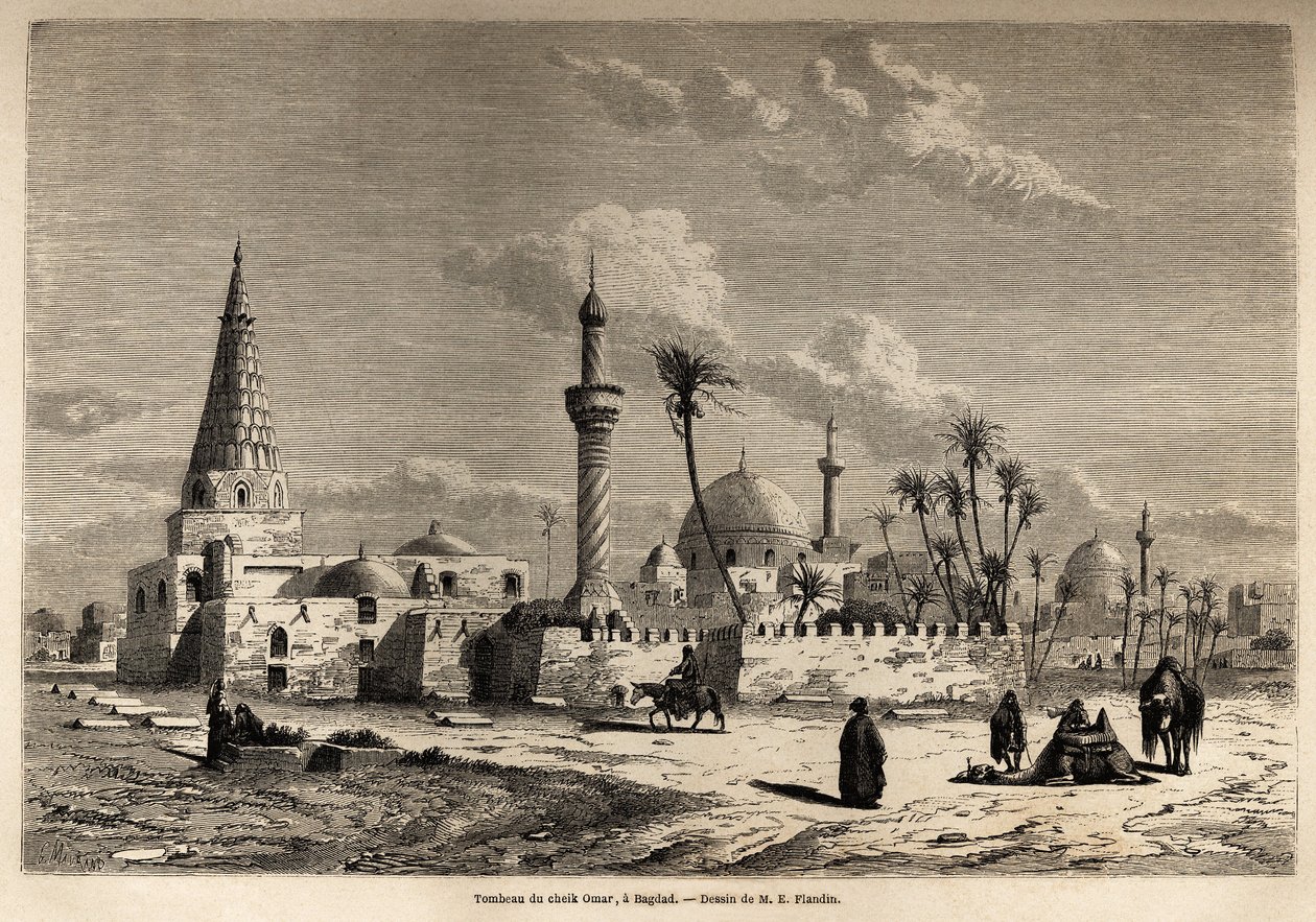 Sheikh Omarin hauta Bagdadissa, piirros Eugene Flandin (1809-1876), havainnollistamaan hänen matkaansa Mesopotamiaan vuosina 1840-1842. Kaiverrus ”” Le tour du monde”” 1861. Selvan kokoelma. tekijältä Eugene Flandin