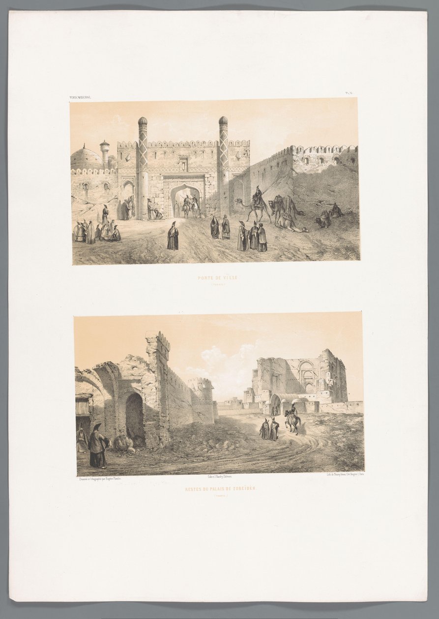 Kaksi kasvoa Tabrizissa Porte de ville (Tabriz) (otsikko esineessä) Restes du palais de Zobeids (Tabriz) (otsikko esineessä) Persialaiset maisemat (sarjan nimi) Perse modern (sarjan nimi) tekijältä Eugene Flandin