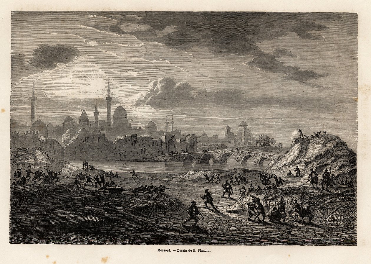 Näkymä Mosulista (Irak), Tiger-joen rannalla, Eugene Flandinin piirros kuvaamaan Vivian de Saint Martinin retkikuntaa Niniveen vuosina 1844–1860. Kaiverrus kirjassa "" Le tour du monde", toimittanut Edouard Charton tekijältä Eugene Flandin