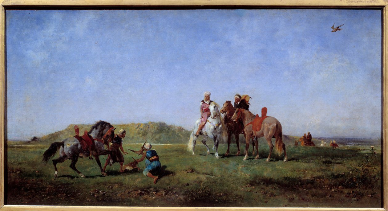 Haukkametsästys Algeriassa Eugene Fromentinin (1820-1876) maalaus 1800-luvun aurinko. 0,45x0,85 m tekijältä Eugène Fromentin