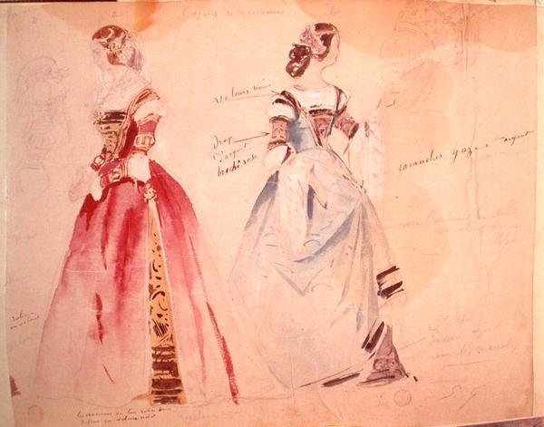 Kaksi naisten pukusuunnittelua Alfred de Mussetin (1810-1857) Les Caprices de Mariannen luomishetkellä (akvarelli paperille) tekijältä Eugene Giraud