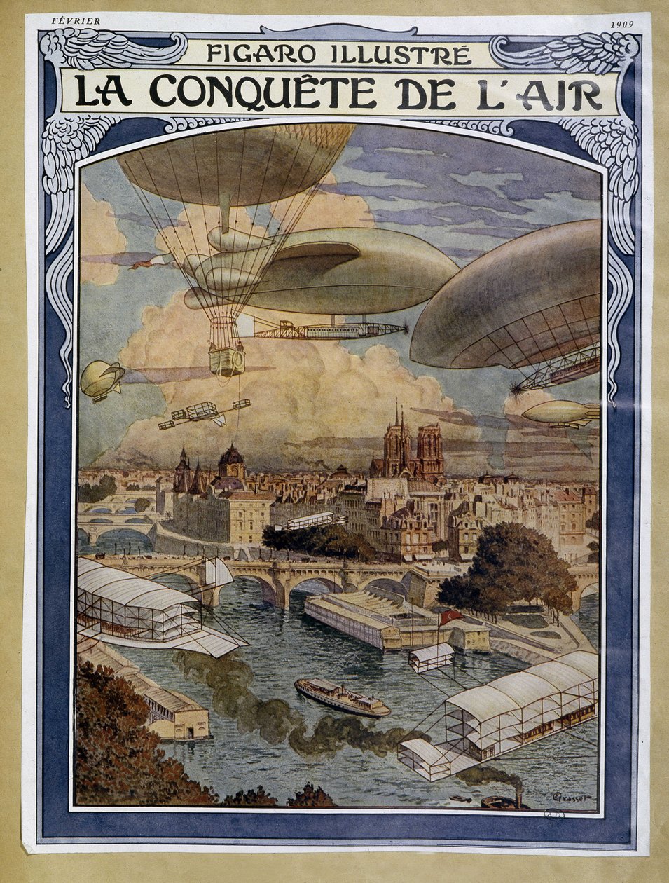 Air Conquete: ilmalaiva, ilmapallo ja kuumailmapallo Pariisin yllä - kansi "" Figaro Illustré" helmikuussa 1909 tekijältä Eugene Grasset