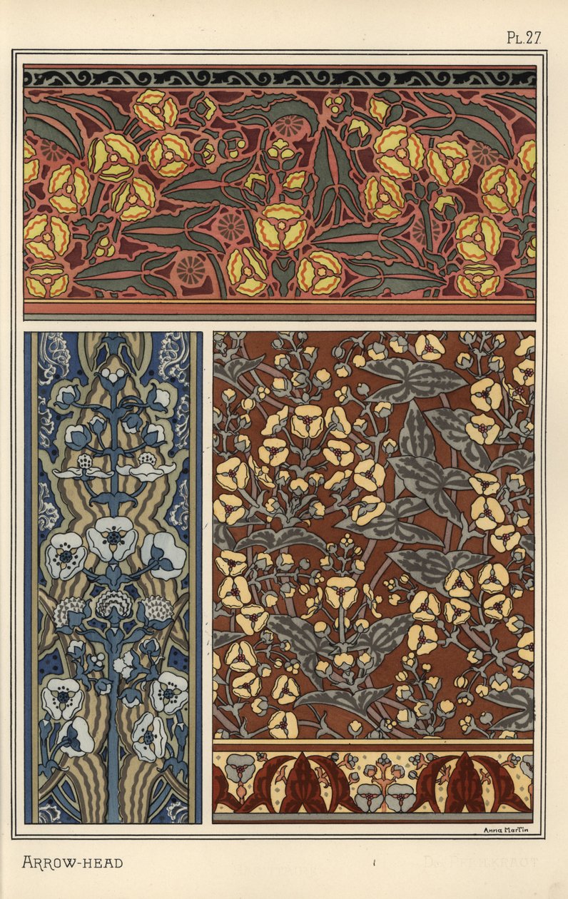 Arrowhead, Sagittaria sagittifolia, design-aiheena tapeteissa ja kangaskuvioissa tekijältä Eugene Grasset