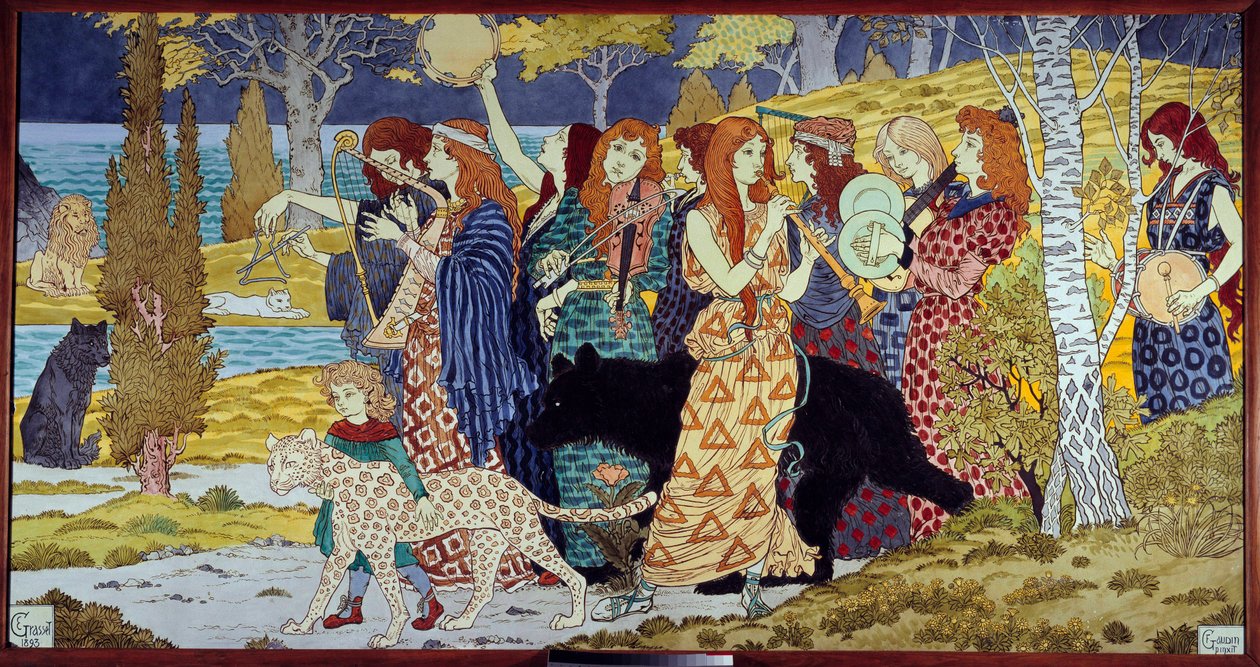 Art Nouveau: "" Harmony"" Muusikot ja eläimet. Eugene Grasset (1841-1917) laava sähköpostiviesti 1893 su. 1,3x2,45 m Pariisi, museo d