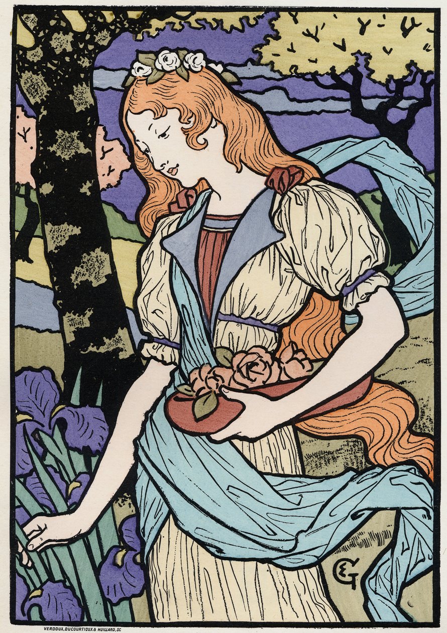 Taide. Naiset jugendtyyliin. Kuvitus: E. Grasset, Ranska, n. 1890 (juliste) tekijältä Eugene Grasset