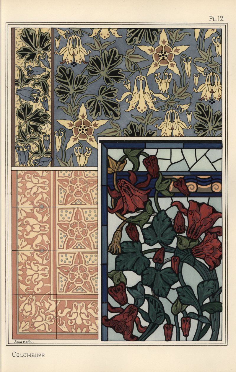 Columbine, Aquilegia vulgaris, kukkakuvioinen tapetti, lasimaalaus ja laatat tekijältä Eugene Grasset