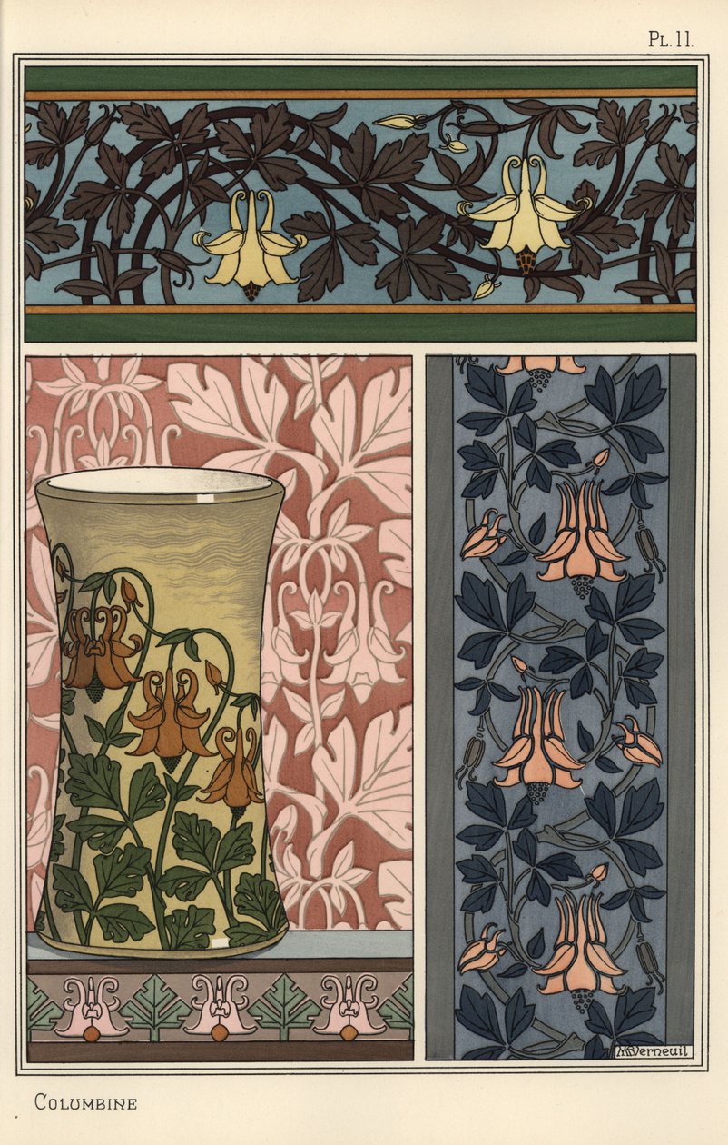 Columbine kukka, Aquilegia vulgaris, kuvioissa tapetille, kankaalle ja maljakoille tekijältä Eugene Grasset