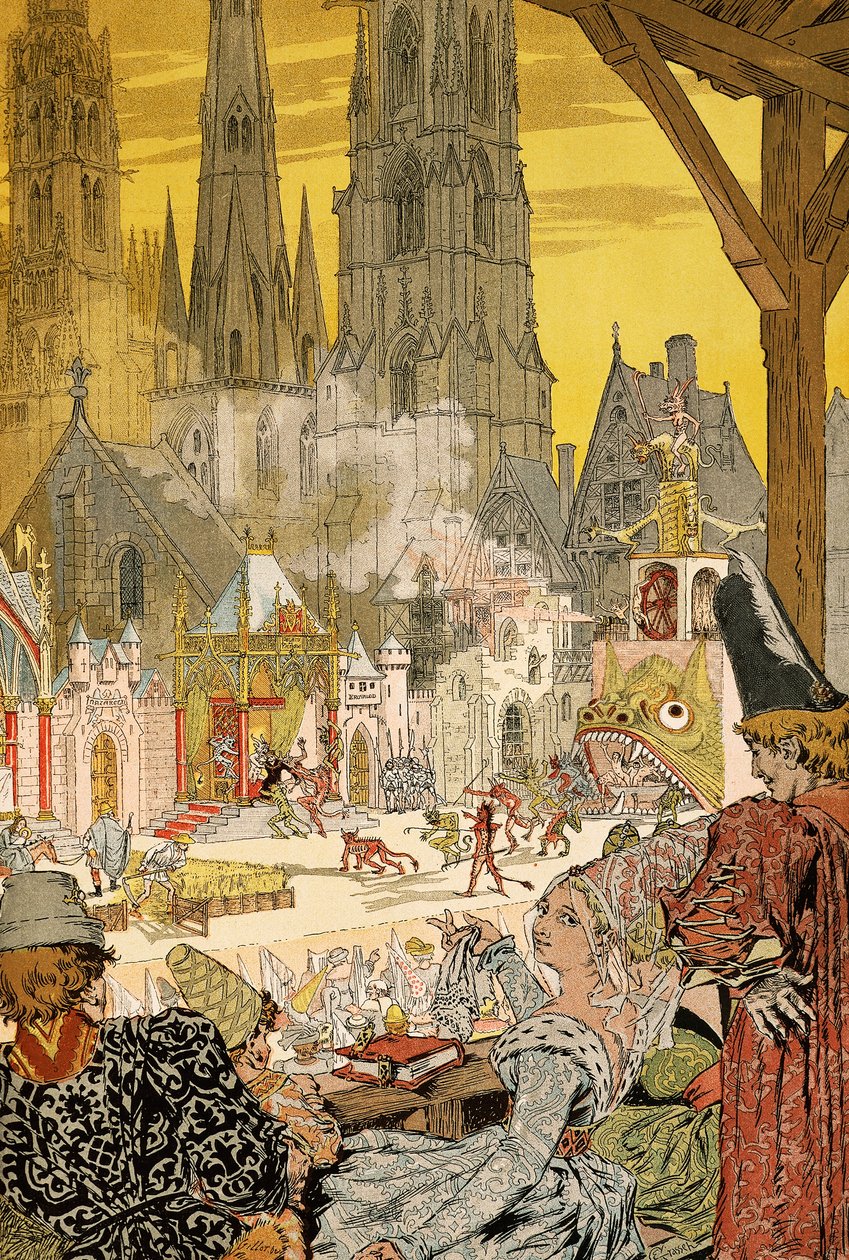 Kuvaus mysteeristä katedraalin kirkkopihalla, kuvitus Notre-Dame de Parisille, Victor Hugo (1802-1885) tekijältä Eugene Grasset