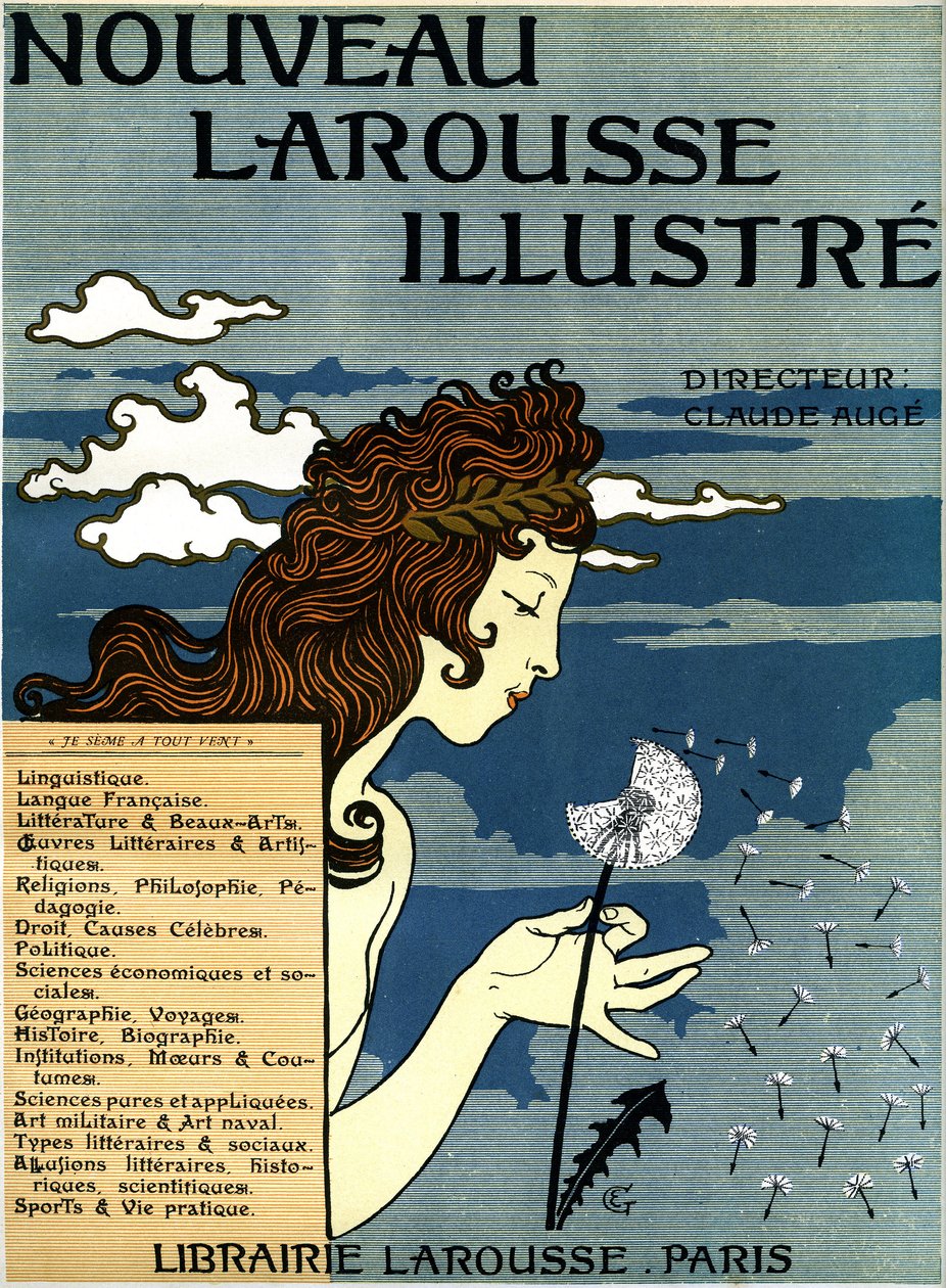 Nouveau Larousse illustriousin ensimmäinen sivu (sanakirja seitsemässä osassa, julkaistu vuosina 1897-1904 (kaiverrus) tekijältä Eugene Grasset