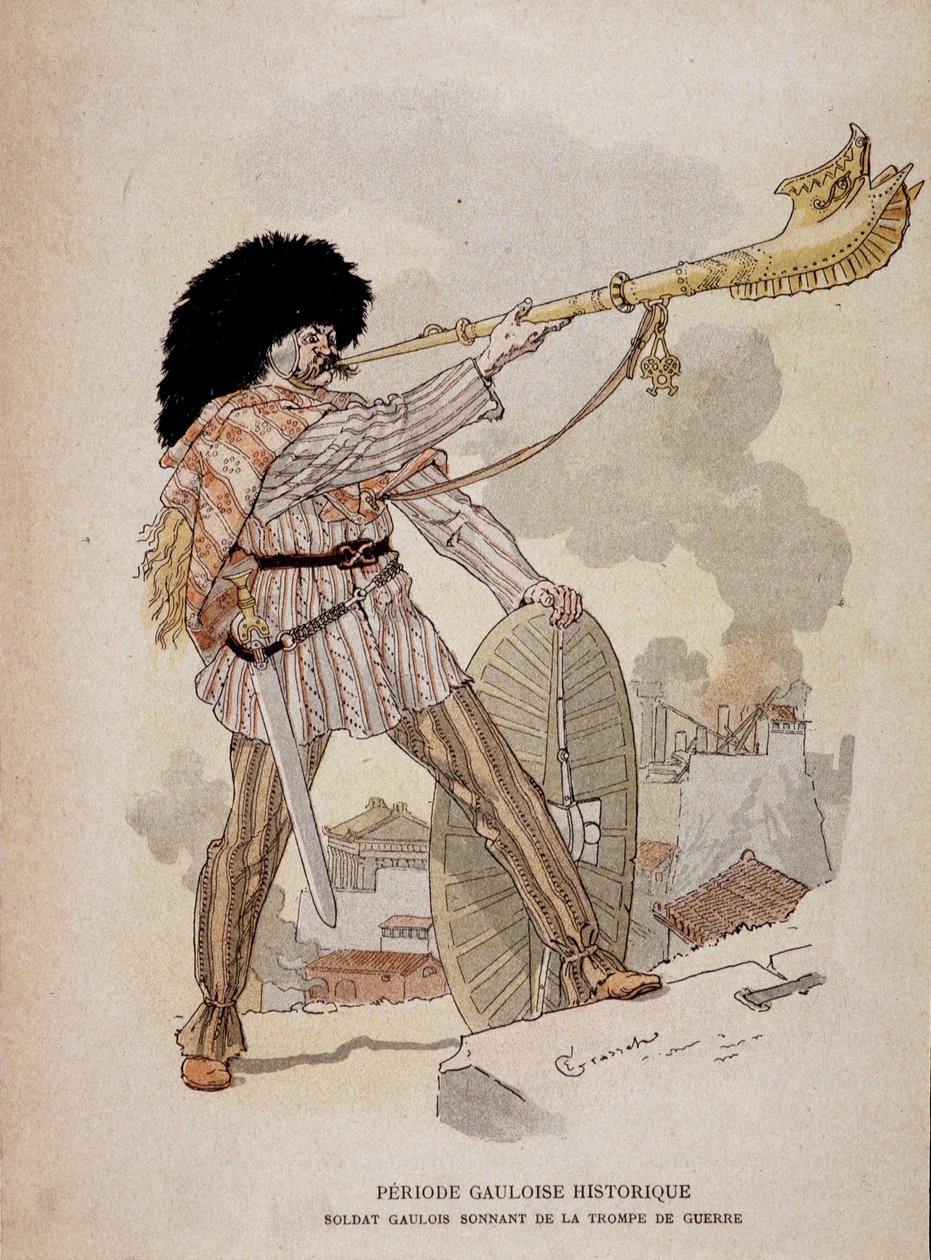 Gallialainen sotilas, joka soi sodan torvelta (carnyx) - "" Illustrous Teaching Cahiers, Sotapuvut pronssikauden ja gallian aikakaudelta", ed Grasset tekijältä Eugene Grasset