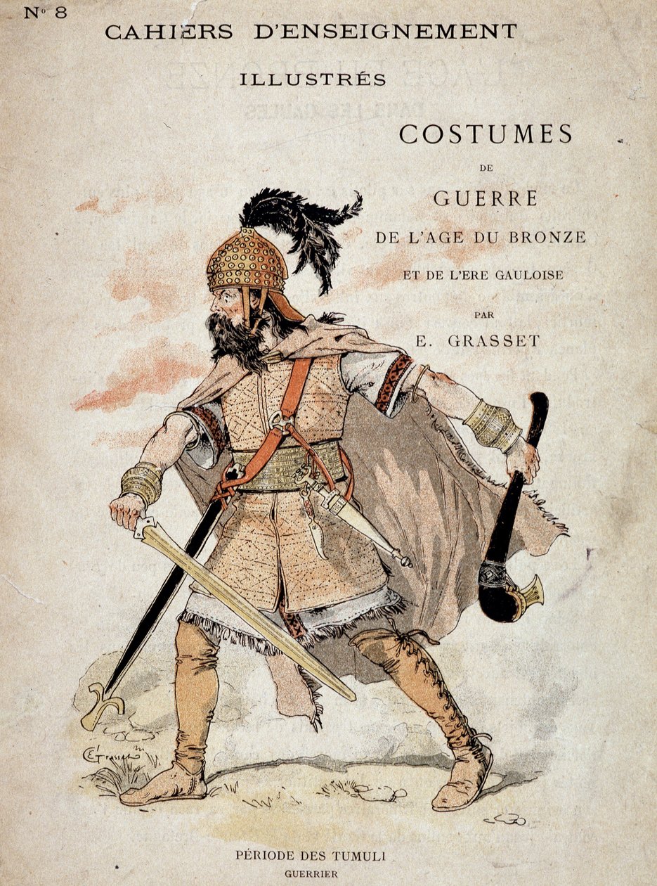 Tumuli-kauden gallialainen soturi - teoksessa "" Mainekkaat opetuskahierit, pronssikauden ja galliakauden sotapuvut", toim. Grasset. Kuvitus: Eugene Samuel Grasset (1841-1917). tekijältä Eugene Grasset