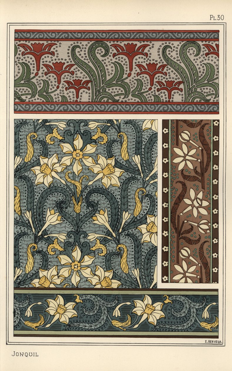 Jonquil, Narcissus jonquilla, design-aiheena tapeteissa ja kangaskuvioissa tekijältä Eugene Grasset