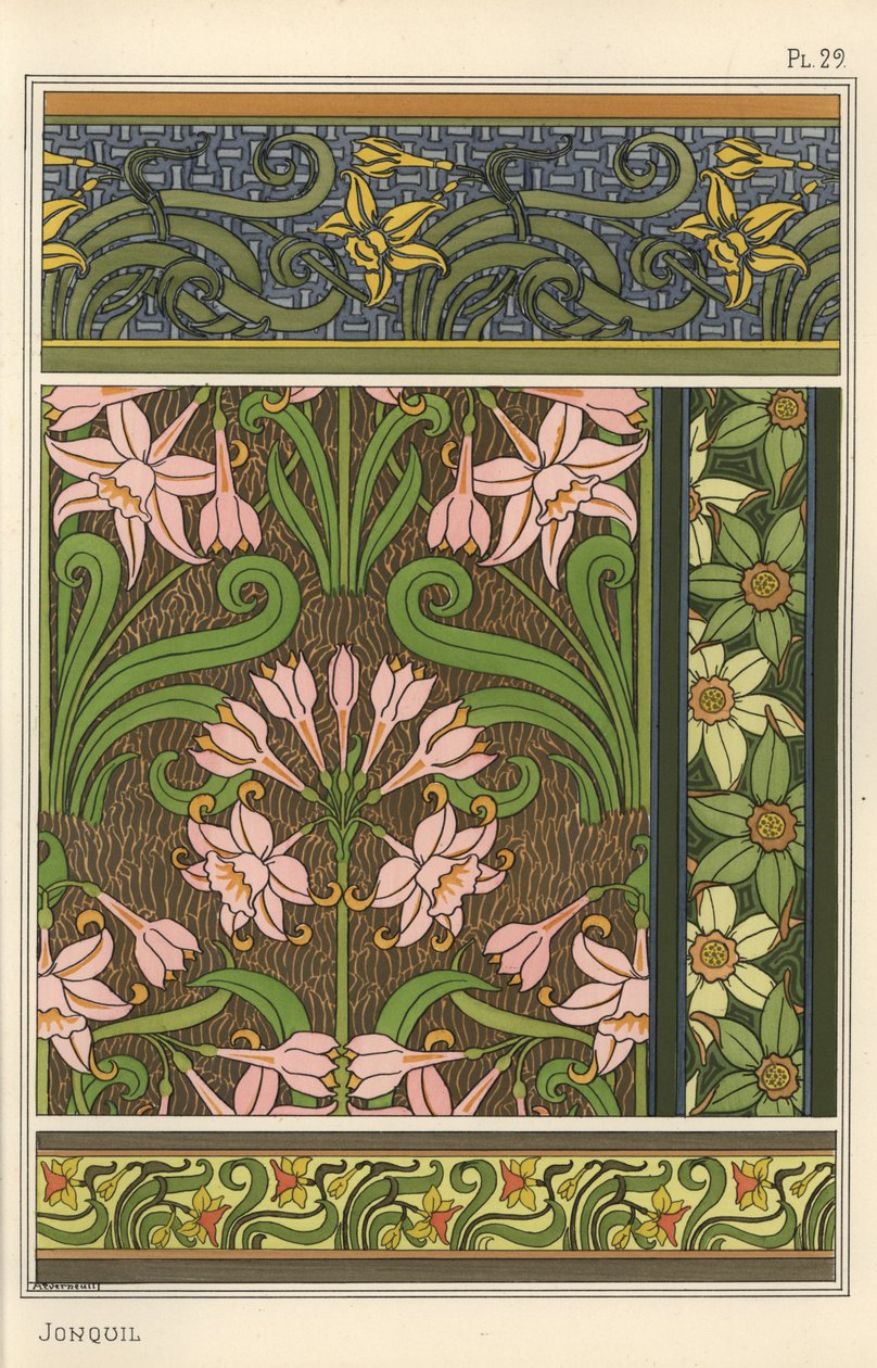 Jonquil, Narcissus jonquilla, design-aiheena tapeteissa ja kangaskuvioissa tekijältä Eugene Grasset