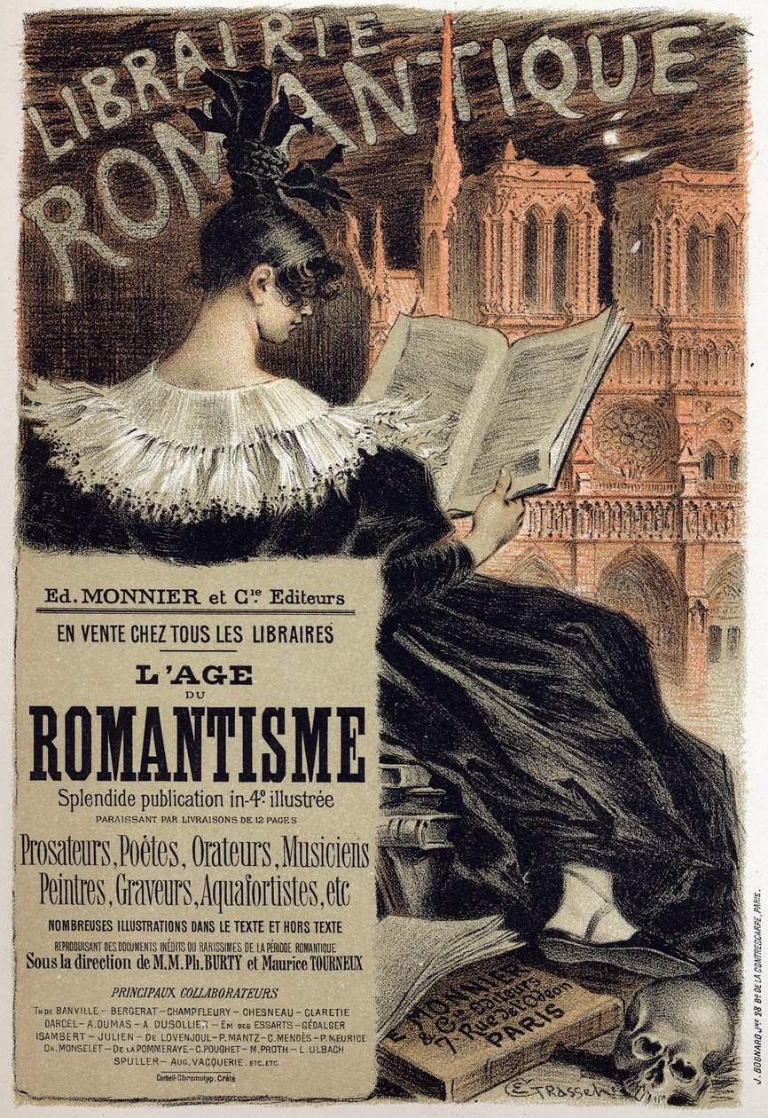 Kirjallisuus. Librairie romantique (Romanttinen kirjakauppa.) Eugene Grassetin juliste toimittaja Monnierille, Ranska, n. 1890 Coll. Osa. (juliste) tekijältä Eugene Grasset