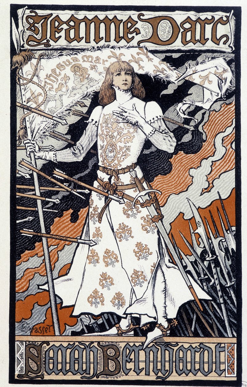 Juliste "" Joan of Arc"" (Henriette Rosine Bernard, Sarah Bernhardt (1844-1923) näyttelee Jeanne of Arcissa). Sd. noin 1890 tekijältä Eugene Grasset