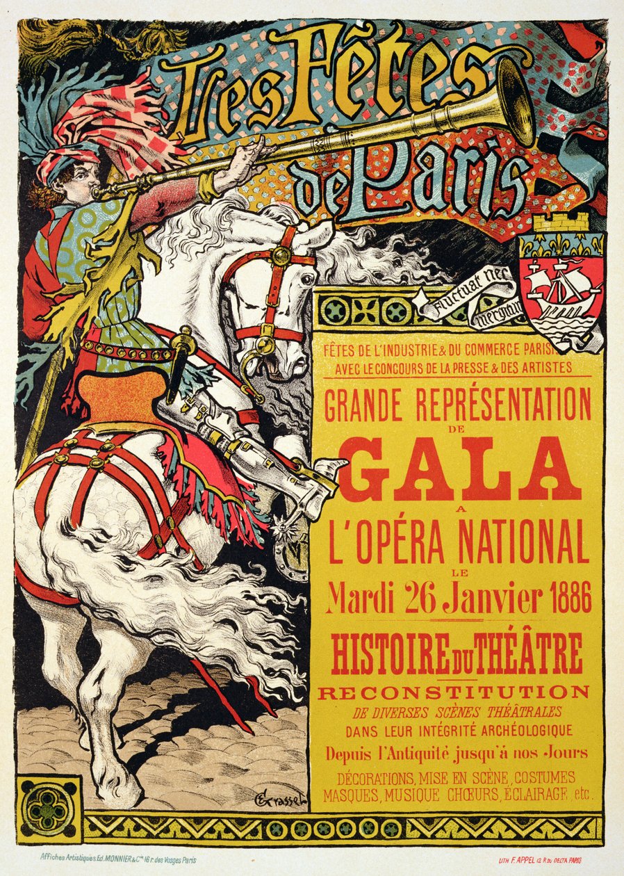 Jäljennös julisteesta, joka mainostaa "Fetes de Paris" -julistetta Pariisin Opera Nationalissa, 1885 tekijältä Eugene Grasset
