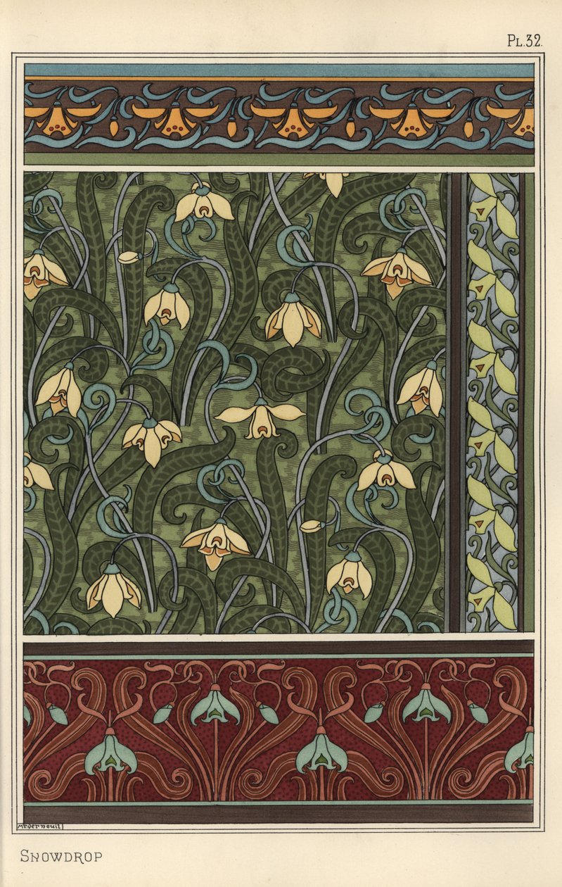 Lumikello, Galanthus nivalis, design-aiheena tapeteissa, reunuksissa ja kankaissa tekijältä Eugene Grasset