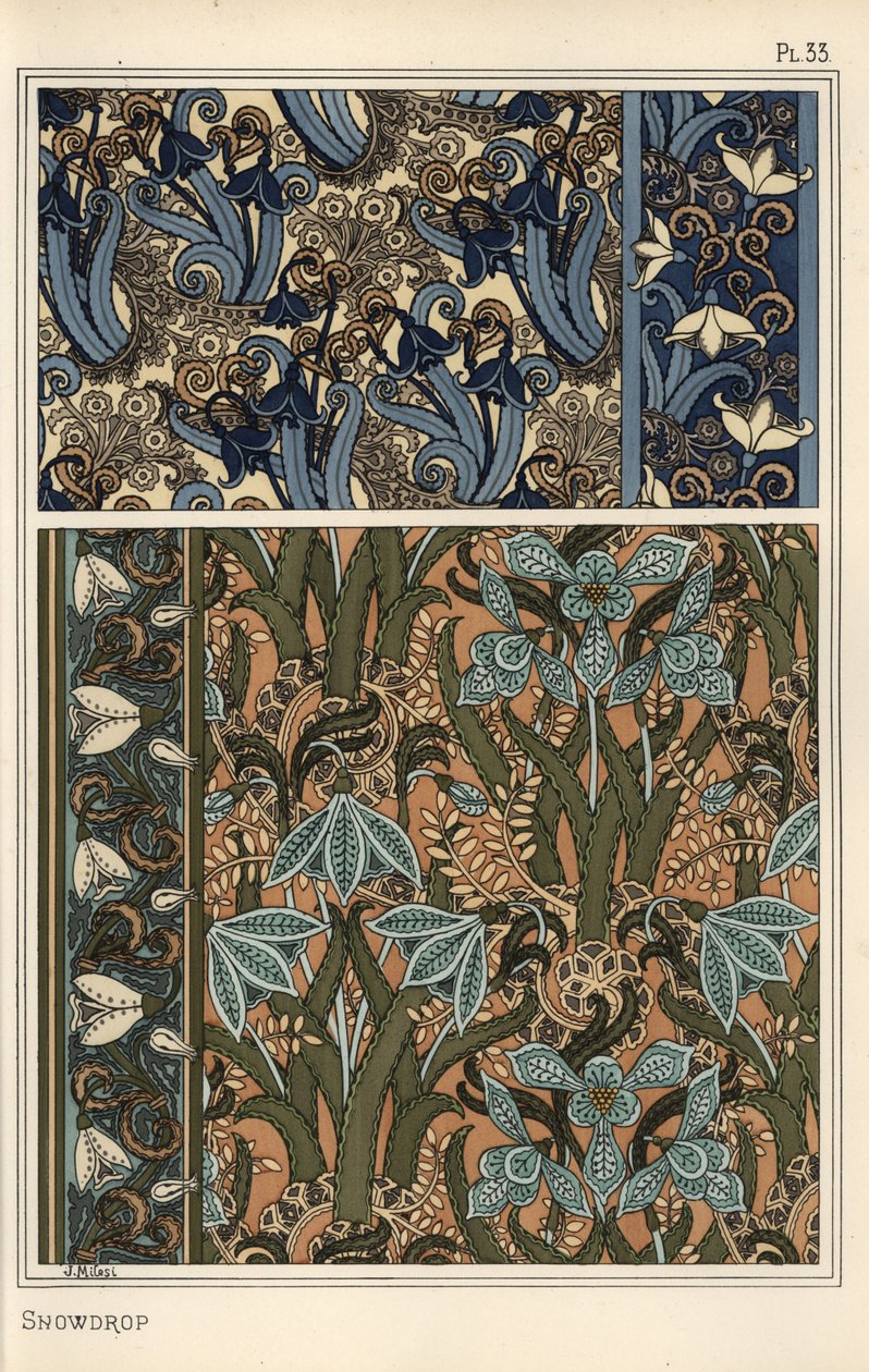 Lumikello, Galanthus nivalis, design-aiheena tapeteissa, reunuksissa ja kankaissa tekijältä Eugene Grasset