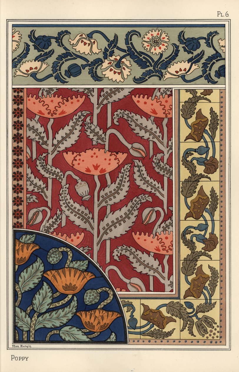 Unikko, Papaver somniferum, lasimaalauksia, tapetteja, kangasta ja laattakuvioita. Marc Manginin litografia tekijältä Eugene Grasset