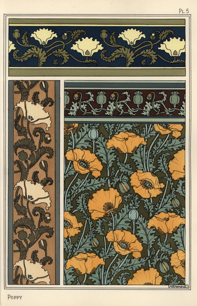Unikko, Papaver somniferum, tapeteissa ja kangaskuvioissa. Litografia Verneuil tekijältä Eugene Grasset