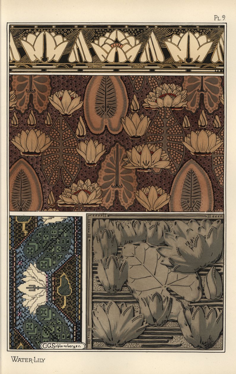 Lumpe, Nelumbo lutea, kankainen, ristipistokudos ja kohokuvioita. C. G. Schlumbergerin litografia tekijältä Eugene Grasset